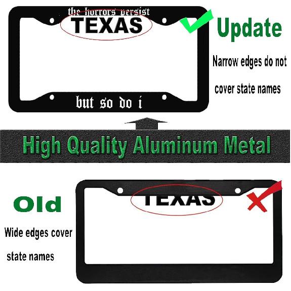 2Pcs The Horrors Persist But So Do I Aluminum Alloy License Plate Holder,Black Funny Goth License Plate Frames With Screw Cap