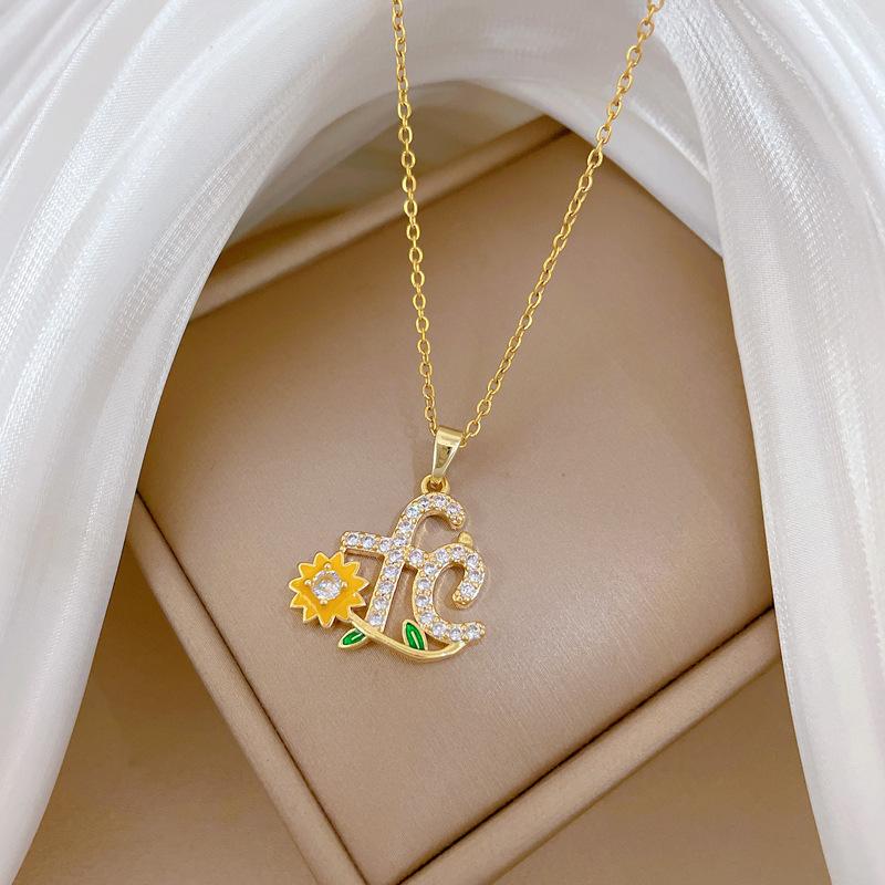 Fashion Zircon Fc Letter Zircon Daisy Pendant Necklace for Women Girls Sweet Stainless Steel Chain Jewelry Accessory Gifts