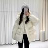 Women's Autumn Winter Down Jacket Short Hooded Single Breasted Loose Adjustable Waist Straight Tube White Duck Down Coat