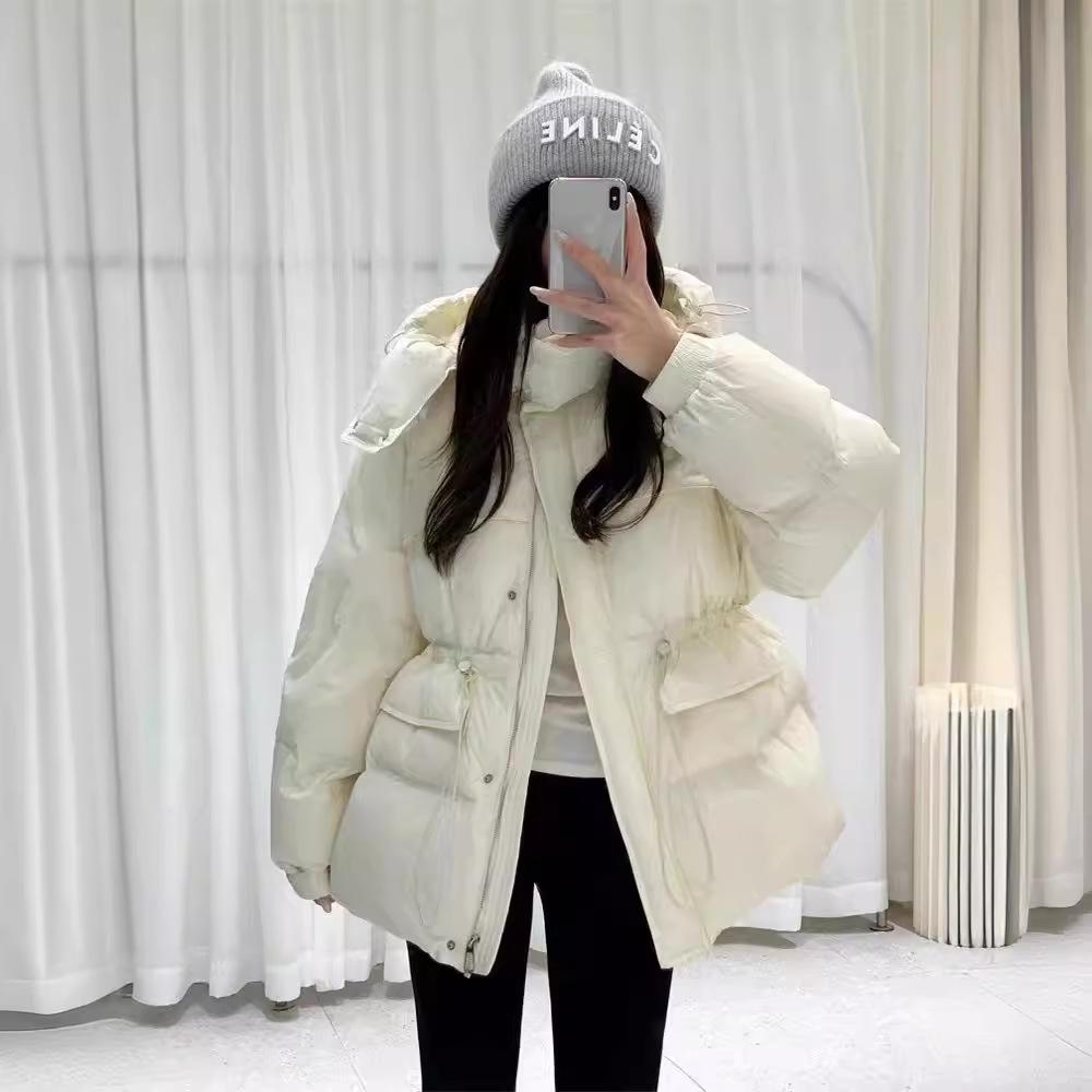 Women's Autumn Winter Down Jacket Short Hooded Single Breasted Loose Adjustable Waist Straight Tube White Duck Down Coat