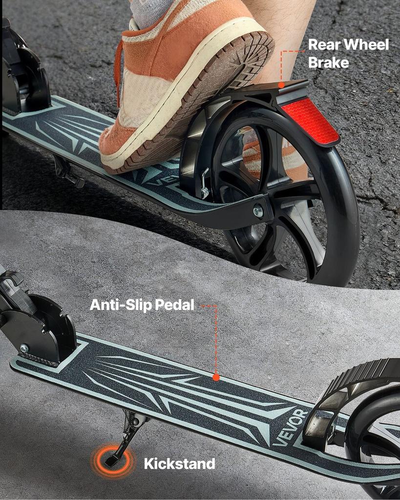 Kick Scooter for Kids Ages 8+, Teens & Adults, 2-Wheel Toddler Scooter with Adjustable Height Handlebar, Wide Anti-Slip Deck, Foldable Lightweight