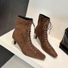 Fashion Pointed Toe Ladies Modern Ankle Boots Female Heels Footwear Flock Fashion Lace Up Elegant Women Short Boots Shoes Pumps lady