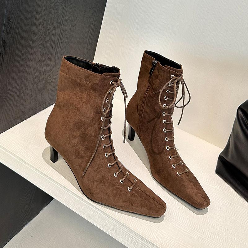 Fashion Pointed Toe Ladies Modern Ankle Boots Female Heels Footwear Flock Fashion Lace Up Elegant Women Short Boots Shoes Pumps lady