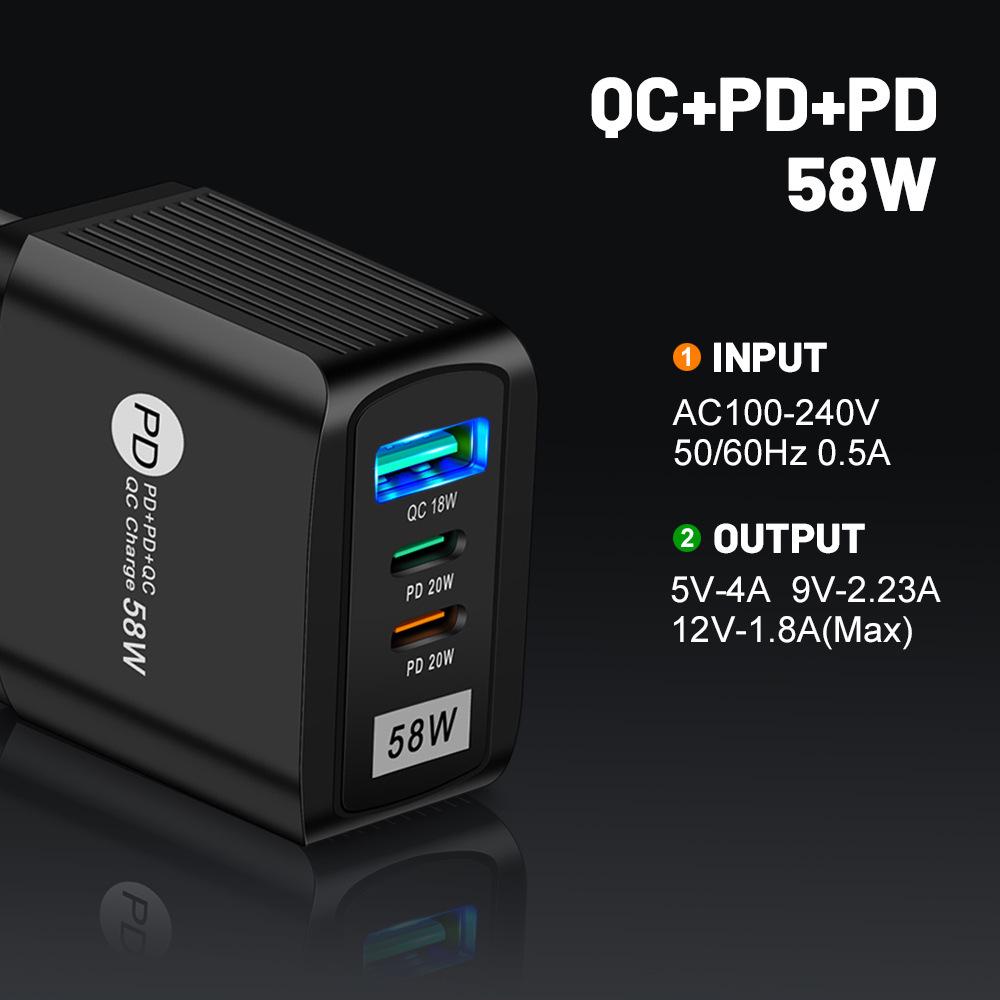 58W Dual Fast Charger with 2PD + QC3.0 - Compatible with EU, US, UK, KR, AU Standards
