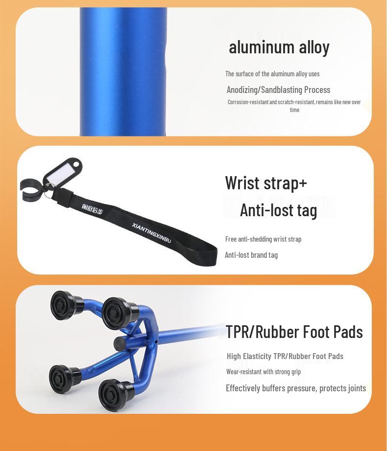 Lightweight Aluminum Alloy Four-Legged Cane with Soft Grip for Seniors - Anti-Slip, Adjustable Walking Stick.