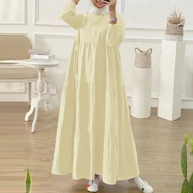 ZANZEA Women Casual Round Neck Loose Long Sleeve Muslim Dress