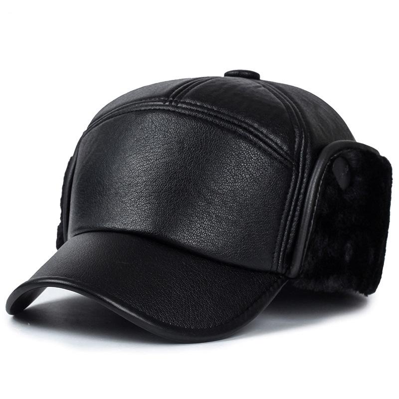 Winter Men's Leather Hat Thicken Leather Sheepskin Baseball Caps With Ears Warm Snapback Dad's Hats Sombrero De Cuero Del Hombre