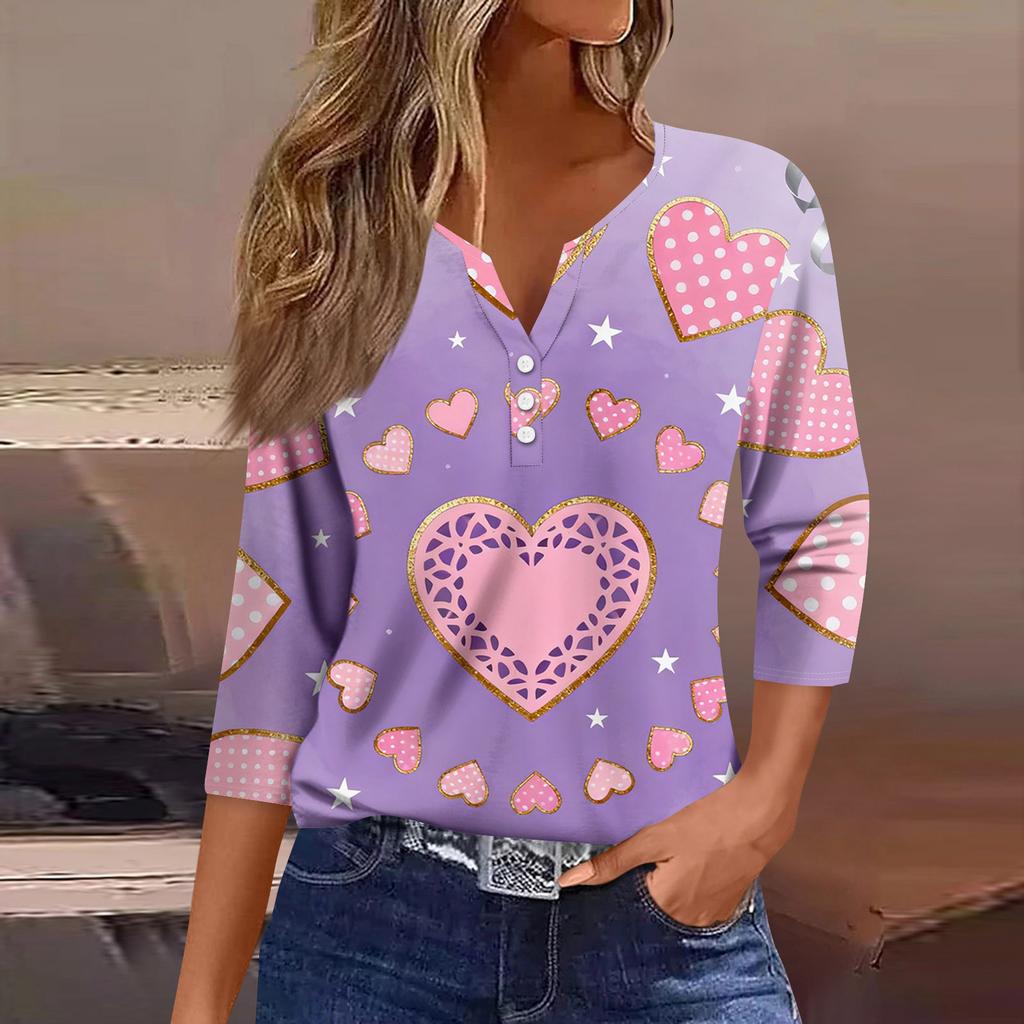 Women's Fashion Button-Up V-Neck Three-Quarter Sleeve Valentine's Day Print Top