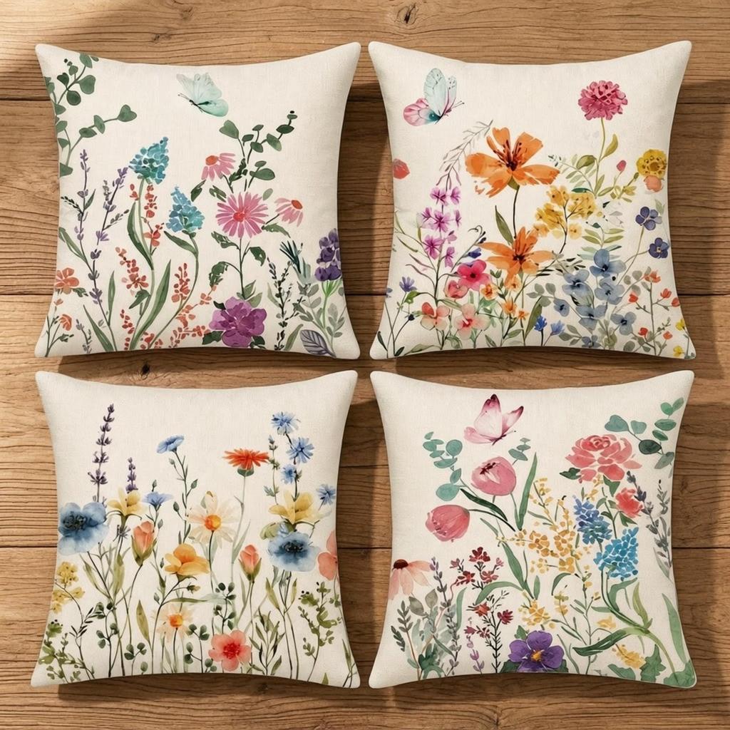 4 Pieces Pillow Slip Soft Floral Linen Cushion Cover for Sofa, Reading Corner