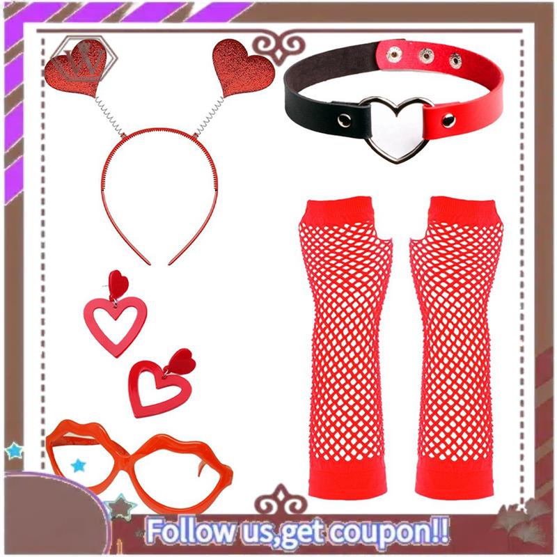 5 Pcs Cupid Costume Women Kit With Earrings , Gloves,Heart Headband, Sunglasses, And Necklace For Valentine Cosplay Party NONE