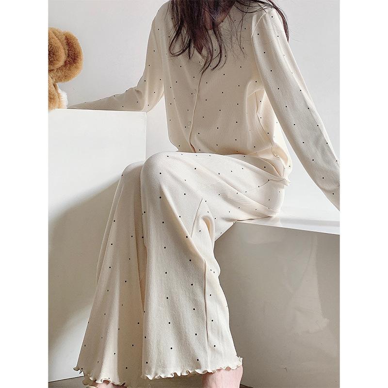 

Sweet and gentle wind fungus edge polka dot printing pajamas women s spring and summer new comfortable long-sleeved trousers loungewear spot XXL