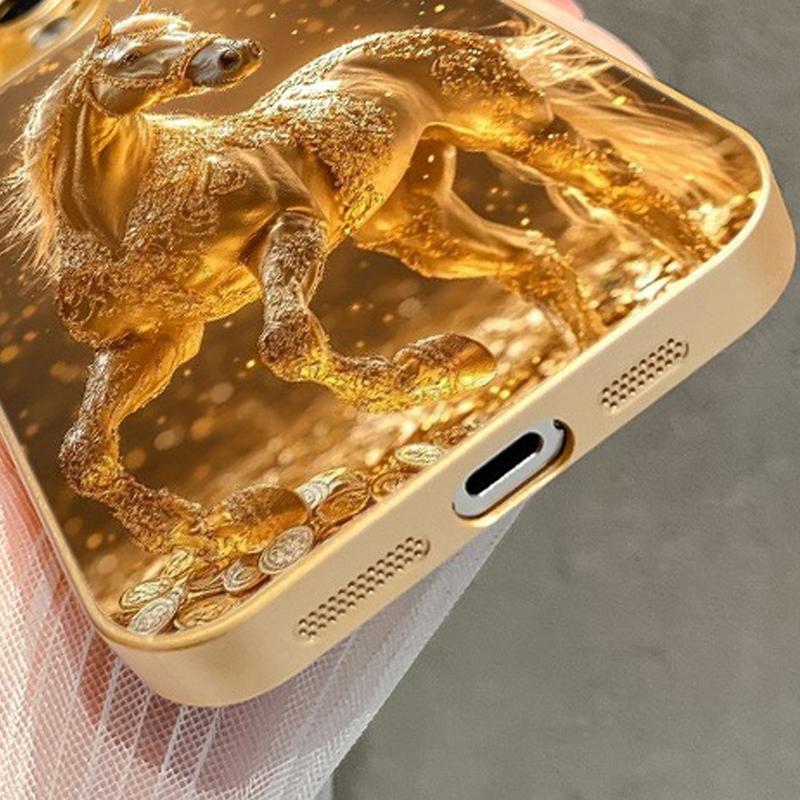 Fashion Golden Horse Pattern Gold Metallic Paint Glass Phone Case For iPhone 17 16 15 14 13 12 11 Pro Max Plus 17 Air 16E Cover