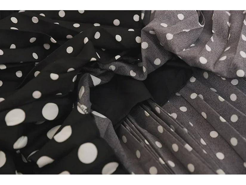 Retro Hong Kong Polka Dot Patchwork Midi Skirt: Elastic Waist, Irregular A-Line, Versatile Pleated Skirt for Women