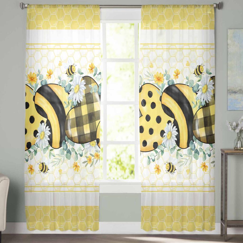 Bee Nest Eucalyptus Leaves Daisy Flower Yellow Voile Sheer Curtains Living Room Window Tulle Curtain Bedroom Drapes Home Decor
