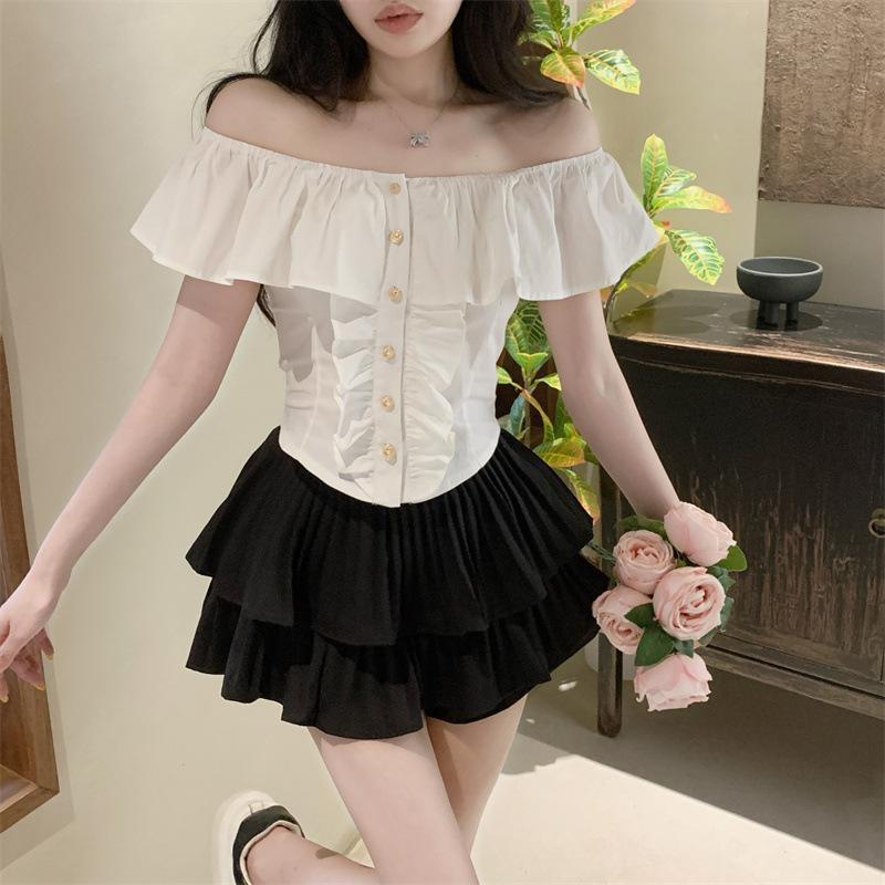 One-word Shoulder Ruffle Edge French Shirt Short-sleeved New Women's Summer Pure Desire Sweet Spice Girl Small Top Chic