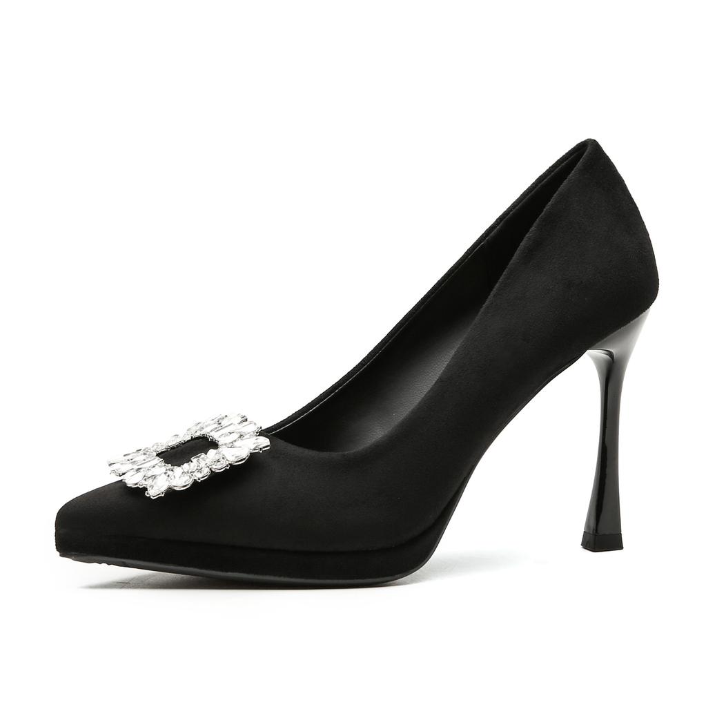 Pointed Rhinestone Black Suede High Heels Women's Pointed Thin Heel Waterproof Table Single Shoes Small Commuter Shoes