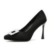 Pointed Rhinestone Black Suede High Heels Women's Pointed Thin Heel Waterproof Table Single Shoes Small Commuter Shoes