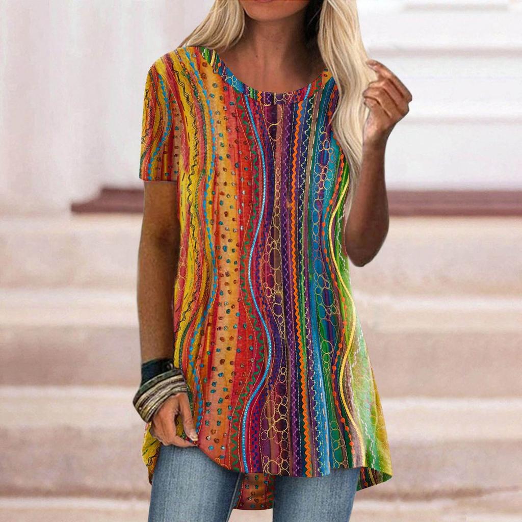 Women's Round Neck Short Sleeve Geometric Print Tunic Top Casual Asymmetrical Hem Blouse