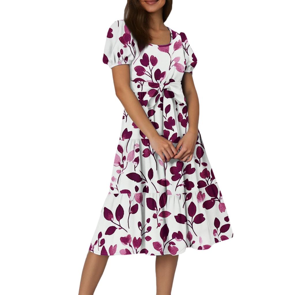 Women's Summer Floral Print Short Sleeves Neck Waistband Bohemian Flowy Maxi Dress With Pockets