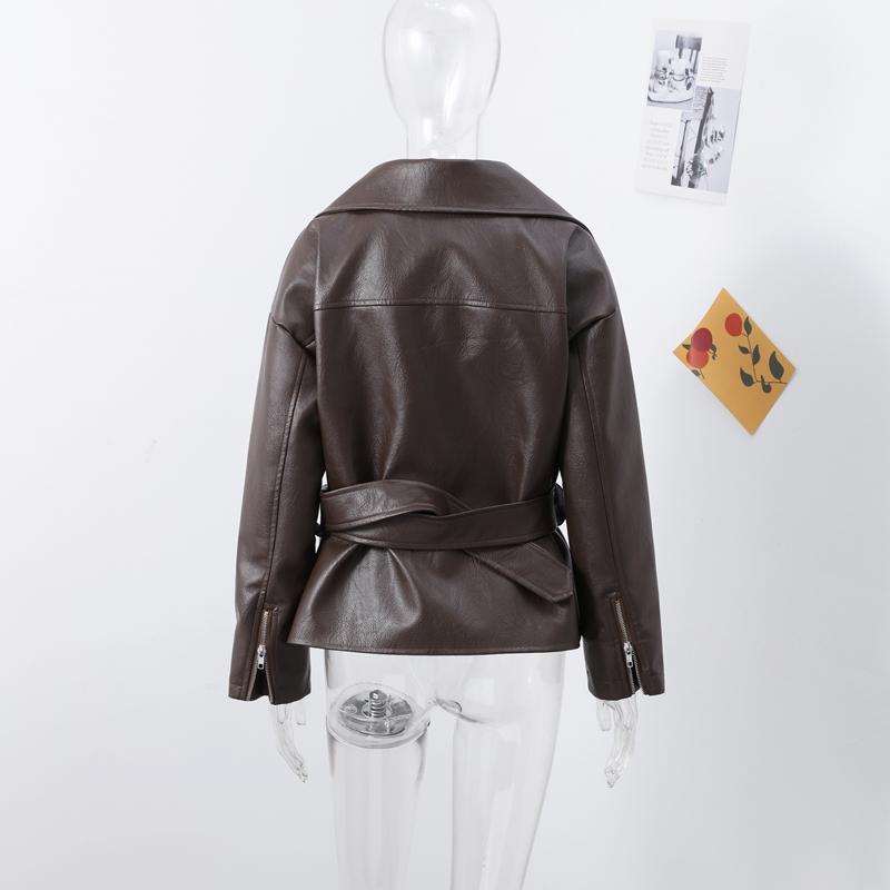 Zipper Lapel Lace-up Loose Leather Jacket Women's Motorcycle Style Short Jacket Fashion Streetwear Autumn 2025