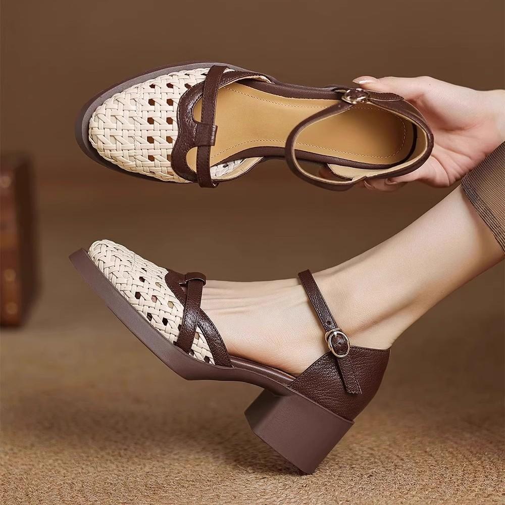 Fashion Retro Super Soft Woven Hollow High-heeled Bag Head Sandals 2025 Summer New Thick-heeled Sandals Women