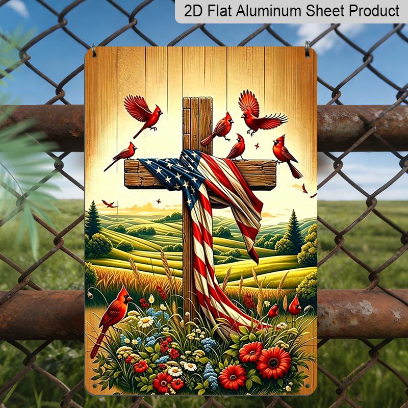 

2D Flat American Flag Cross with Cardinals Metal Sign Durable Aluminum Material 8*12 Inches USA Christian Wall Decor Patriotic Church Decor 20*30cm