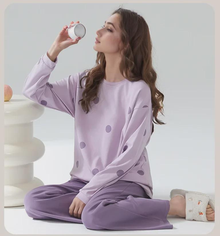 Pijama feminino de manga comprida com estampa de desenho animado e protetores de peito - algodão fino para uso interno/externo na primavera, outono e inverno