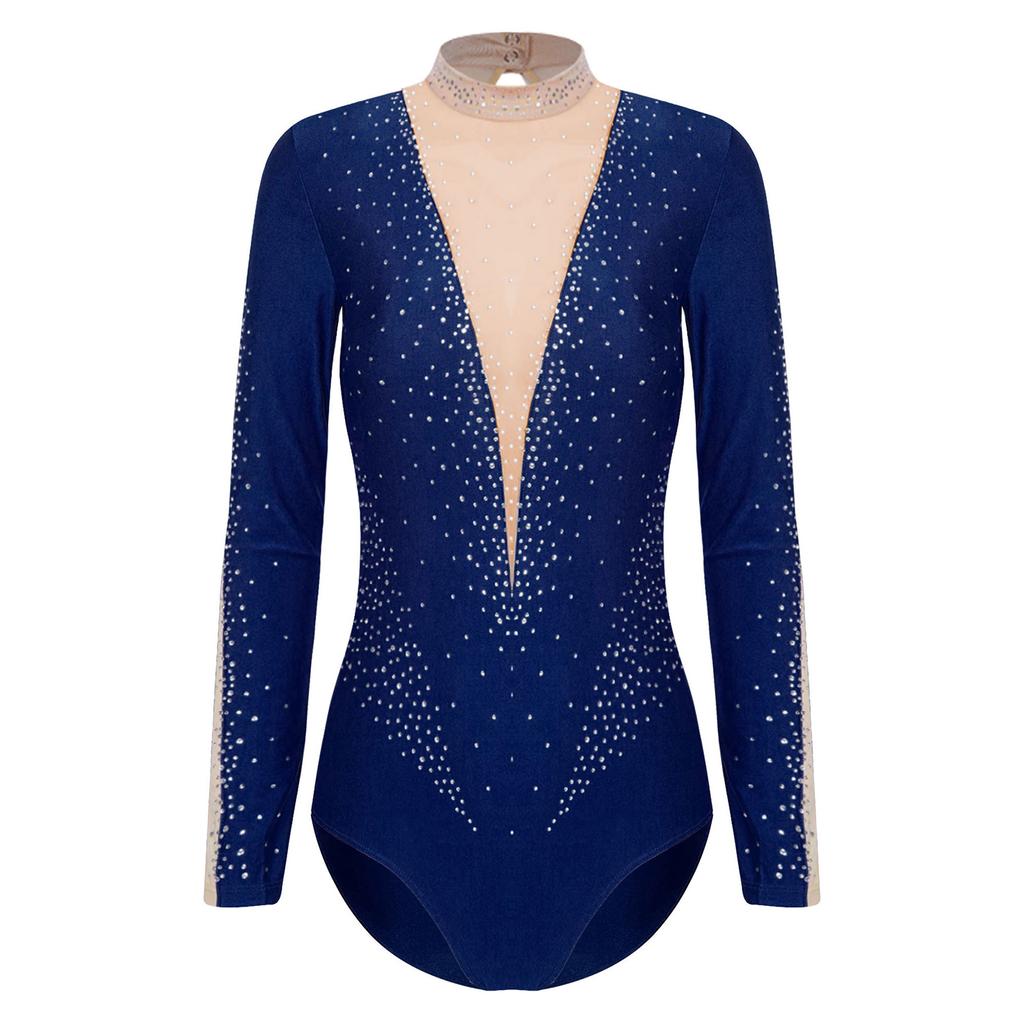 Dame Gymnastikk Ytelsesdrakt Glitrende Rhinestones Gjennomsiktig Mesh Lange Ermer Kunstløp Bodysuit