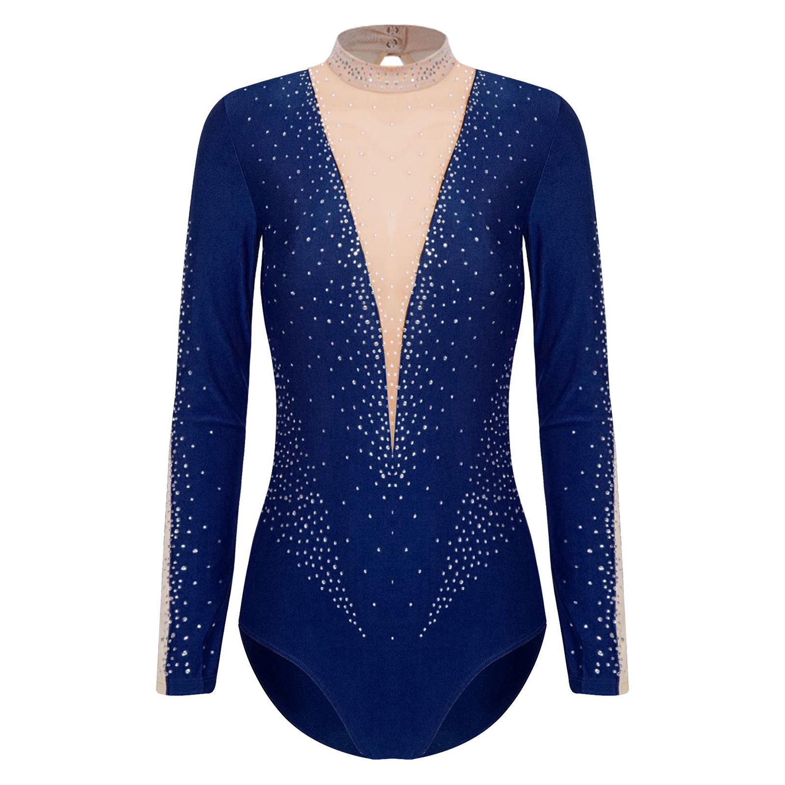 

Womens Dance Leotard Glittery Rhinestones Keyhole Back Sheer Mesh Patchwork Long Sleeve Gymnastics Bodysuit S темно-синього кольору