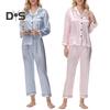 2Pcs Women Silk Satin Pajama Set Lapel Button Down Tops & Pants Set Stripe Loose Sleep Shirt & Elastic Waist Pants Loungewear Outfit