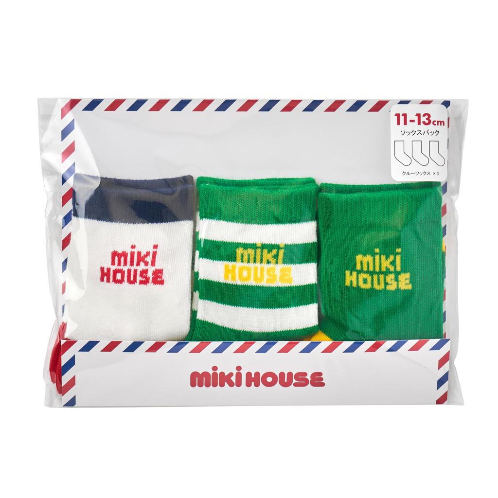 WEB Exclusive Socks Pack 3 Pair Set Crew Length Boys Girls Baby Kids Clothing Kindergarten School Green [MIKI HOUSE] Children's 14-9660-680 17-19cm