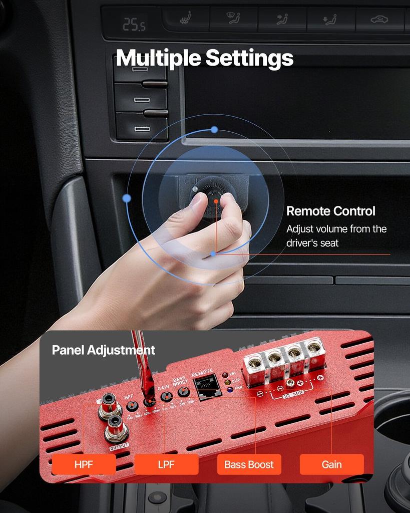 Amplificatore per Auto Monoblocco, 3000W RMS MAX, Stabile a 1/2/4 Ohm, Amplificatore Audio per Auto a 1 Canale Classe D con Controllo Remoto del Livello del Subwoofer, Filtro Passa-Basso