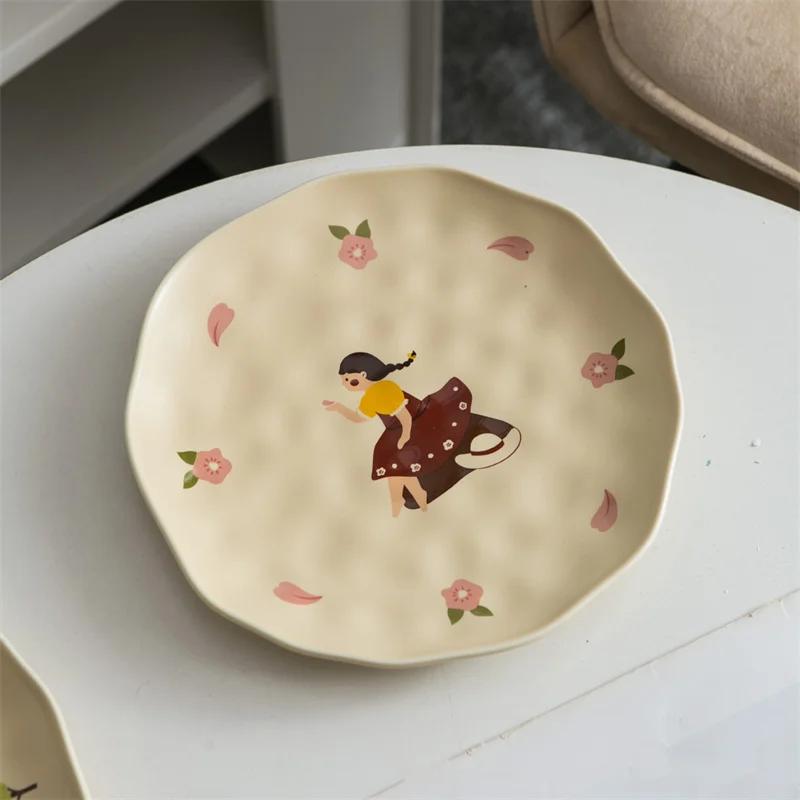Vintage Cute Girls Ceramic Salad Bowl Dish Korean Breakfast Yogurt Oatmeal Noodle Bowls Snacks Fruit Dessert Plates Tableware