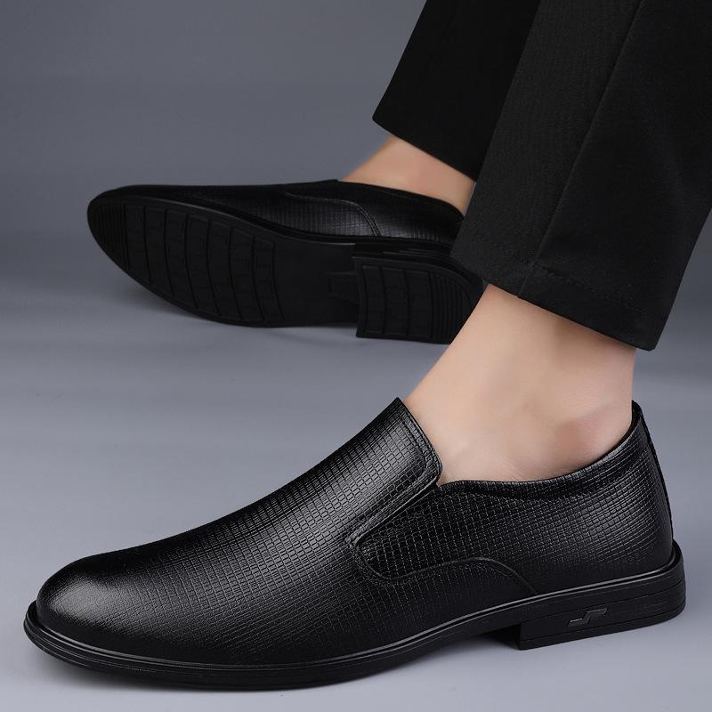 Men's Shoes Embossed Men's First Layer Cowhide Business Dress Leather Shoes Round Head Casual Shoes Spring Foot Lazy Shoes