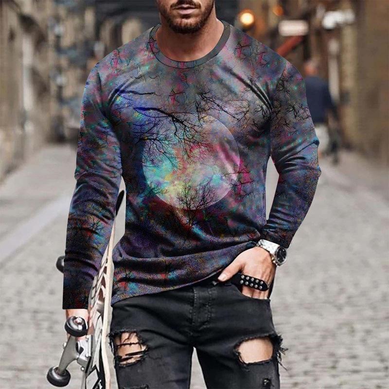 Fashionable 3D Printed Men's Casual Round Neck Long Sleeved T-shirt