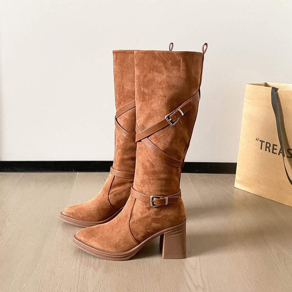 Cowhide Version Retro Pointed Thick Heel Boots Women's Cross Buckle High Heel Boots Slim Tall Thick-soled Knight Boots