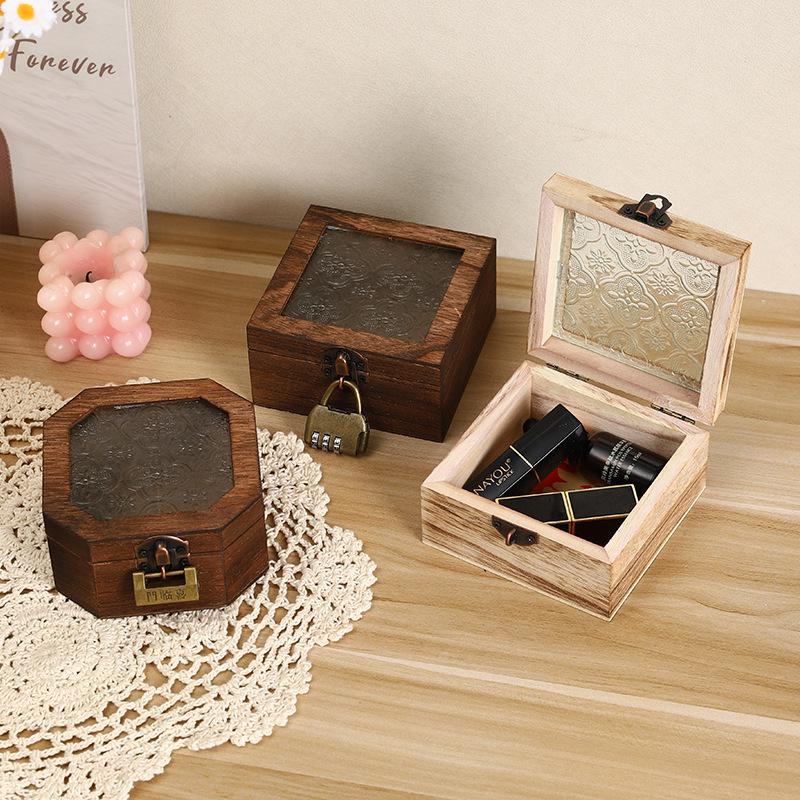 Lockable Begonia Glass Storage Box - Retro Wooden Dressing Table Organizer