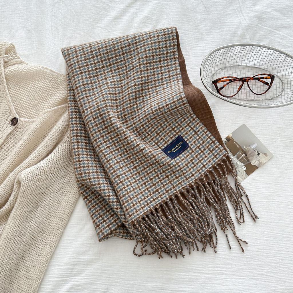 Women'S Imitation Cashmere Retro Houndstooth Knit Scarf Headscarf Casual Tassel Scarve Ladies Mujer Wrap Shawl Winter New Korean