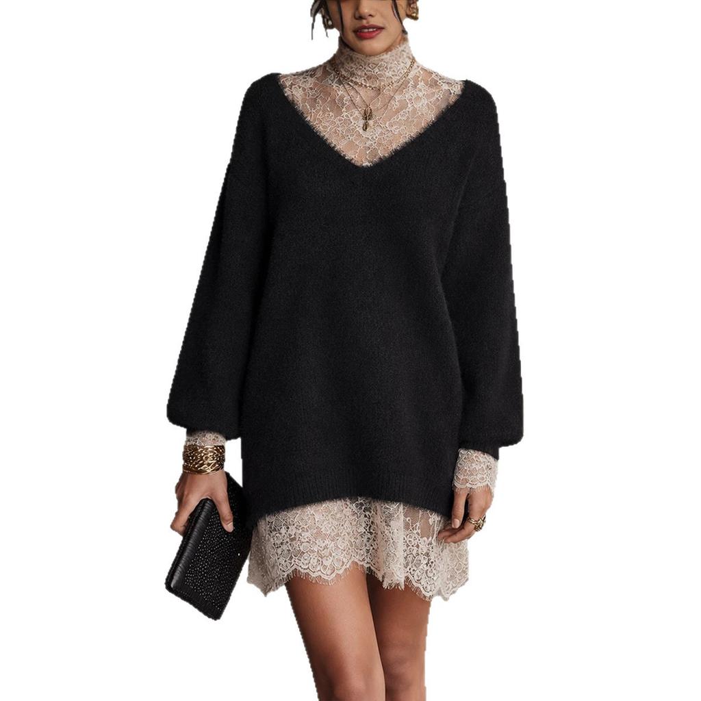 2026 Elegant And Casual Faux Woolen Lace Patchwork Dress