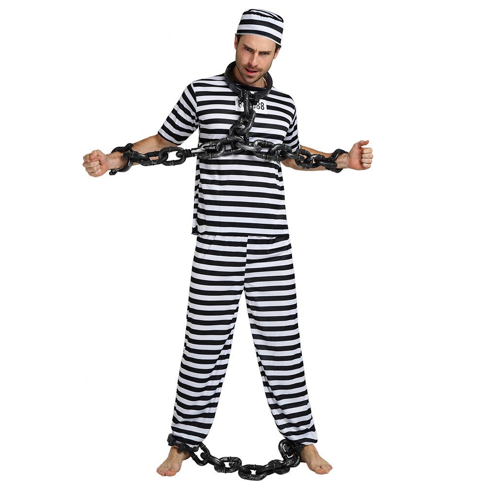 Kostium Cosplay Więźnia na Halloween Strój Więźnia Męski Pasiasty Top Spodnie Damska Sukienka Kapelusz Kostiumy na Imprezę i Występy