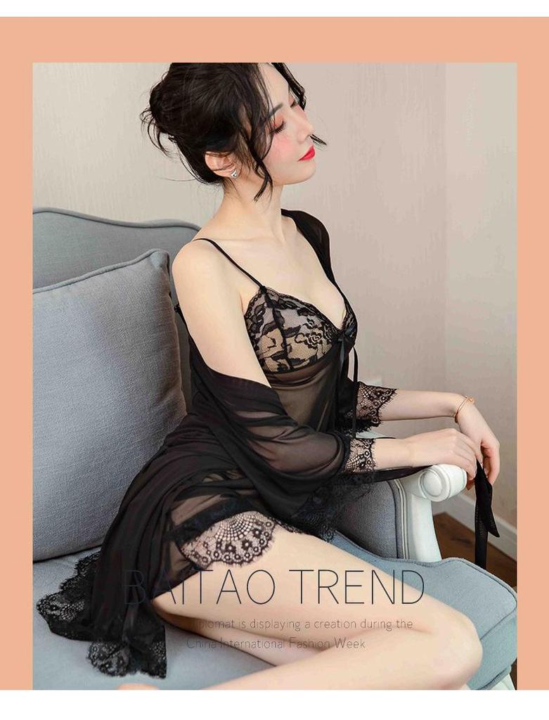 Ensemble de Lingerie en Dentelle Grande Taille 3 Pièces: Nuisette camisole d'été sexy en soie glacée transparente.