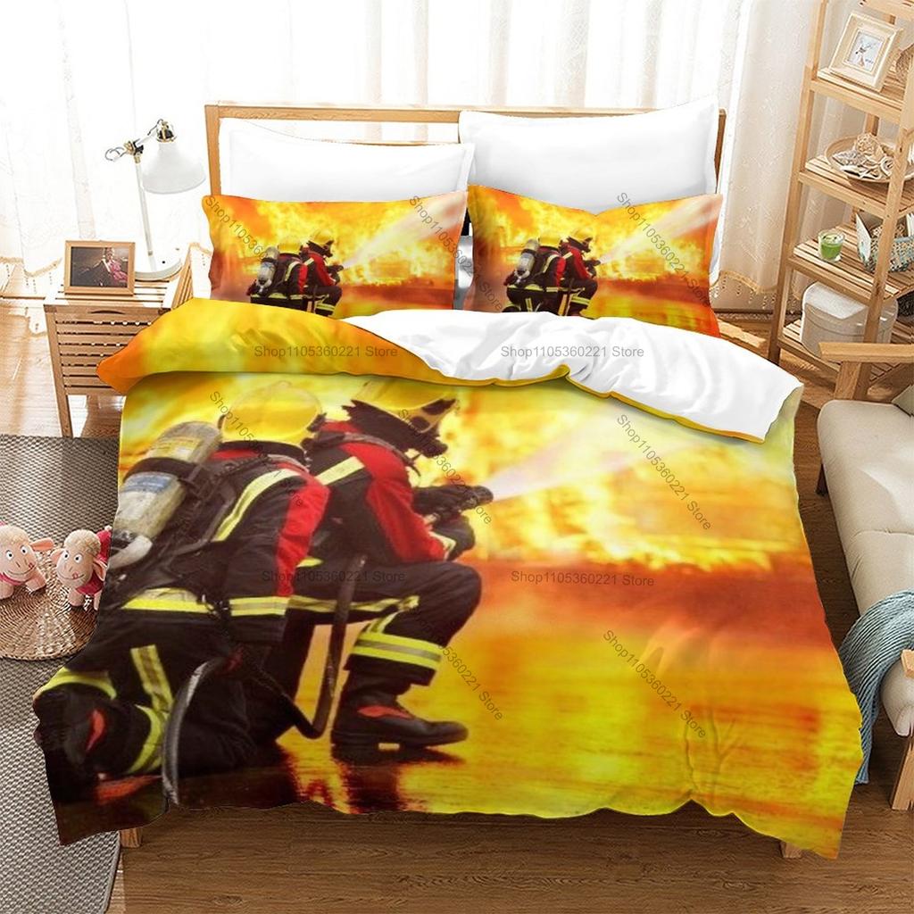Cool Firefighter Rescue Fire Truck Flame Hero HD Print Bedding Set Duvet Cover + 2 Pillowcases Polyester Boys Bedroom Decor