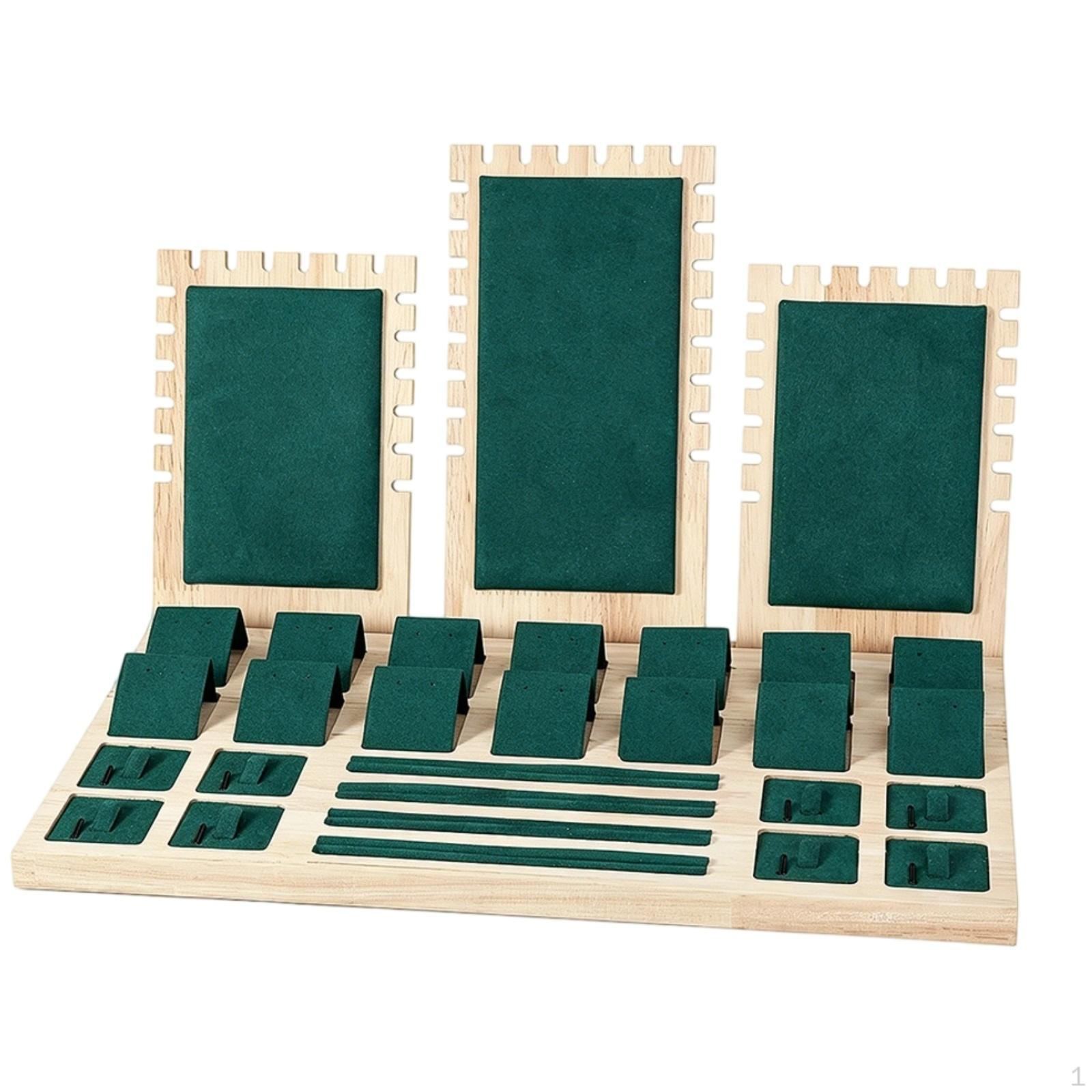 Wood Jewelry Display Rack MultiSection Band and Earring Stand SuedeLike Dark Green SET