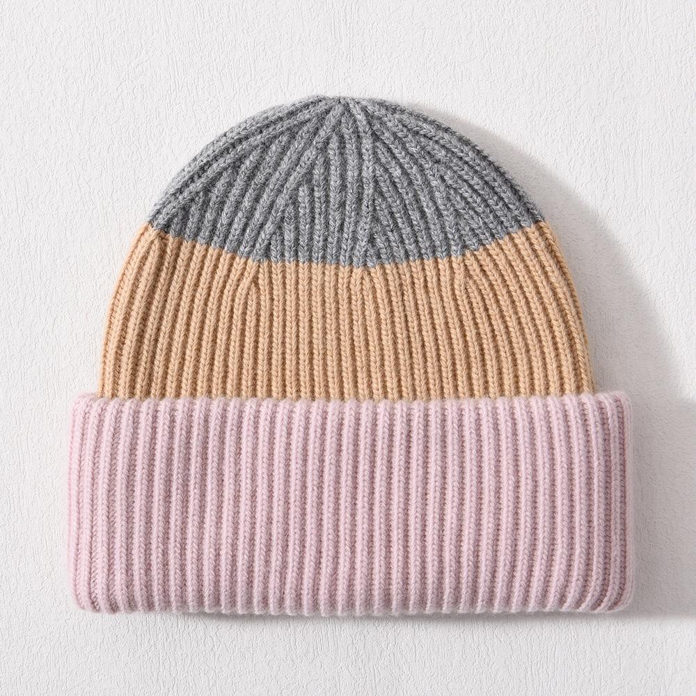 Color Matching Rabbit Plush Wool Hat Double-layer Flipped Brim Versatile Knitted Hat Warm Autumn and Winter Fashion Windproof Striped Hat Women
