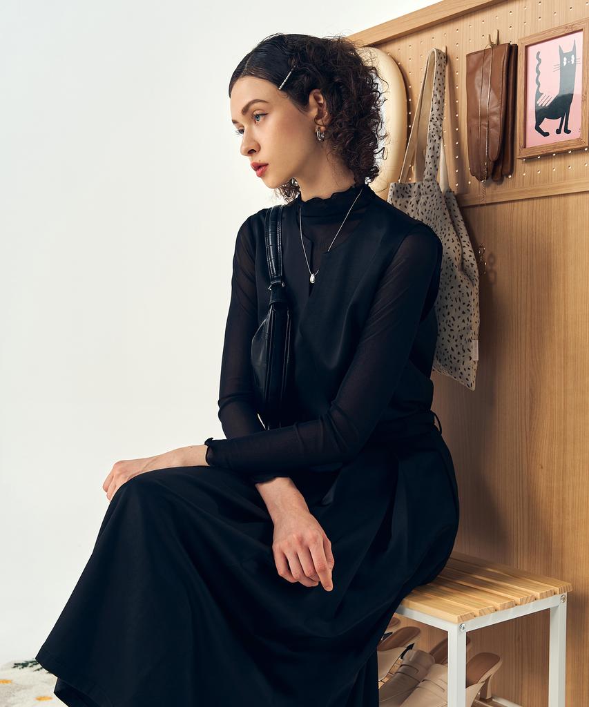 Pelimela Satin Two-Piece Long Dress Belt Set (Black)