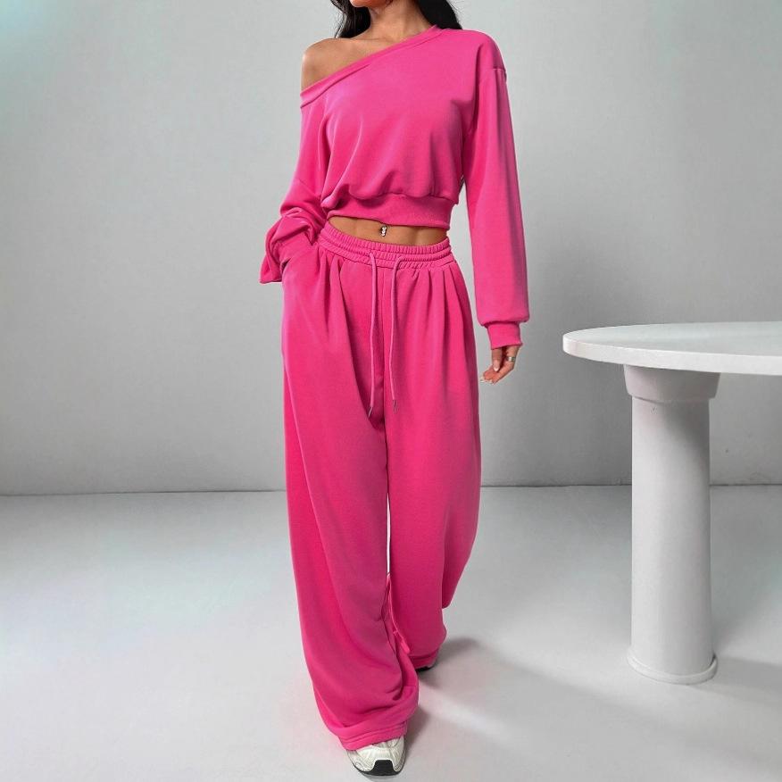 Spot European beautiful women long-sleeved top trousers set new navel casual fashion set