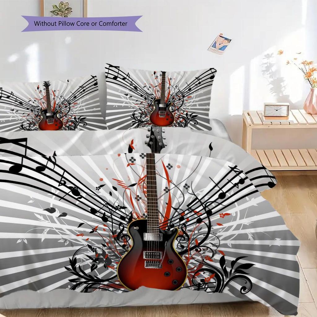 1PC Music, guitar Theme Bedding Quilt Set Quilt Cover Pillowcase Home Decoration Birthday Gift (1 * duvet cover + 2 * pillowcase, without core)