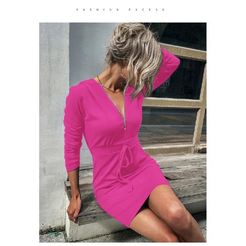 Abito da donna con cappuccio Maniche lunghe cerniera Scollo a V vita aderente avvolgente sui fianchi felpa abito