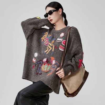 Women Autumn Embroidery Sweater Design Basic New Fashion Tops Tees Casual Loose Tees