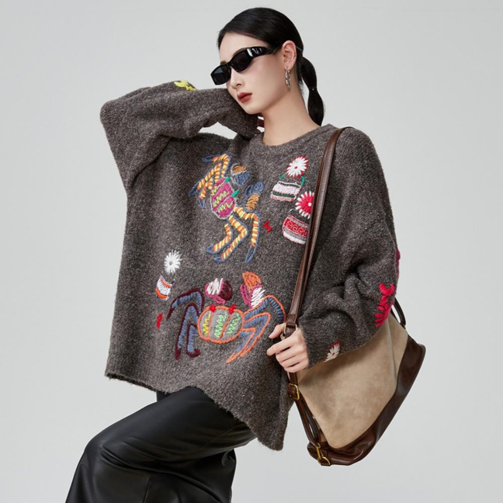 Dimanaf 2025 Women Autumn Embroidery Sweater Design Basic New Fashion Tops Tees Casual Loose Tees